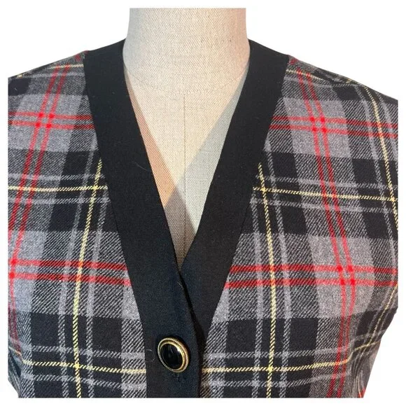 Vintage Pendleton Womens Tartan Gray Plaid Wool Vest Black Belvet Trim Size 6 - Picture 7 of 9